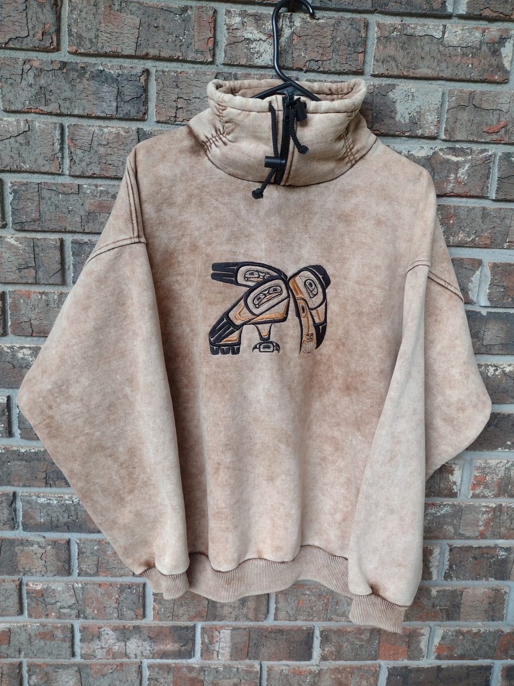 VTG Fuzzy Stonewash Sweatshirt Canada Mens L Brown Native Bird 1/4 Zip Neck 90's